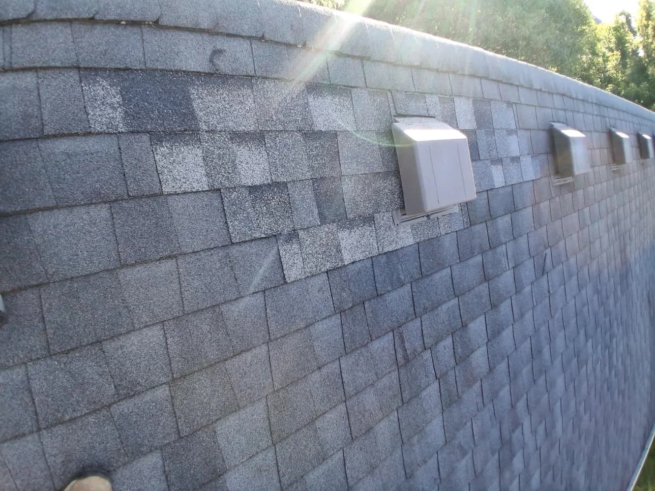 Same strip closed in with new shingles and a row of new box vents installed